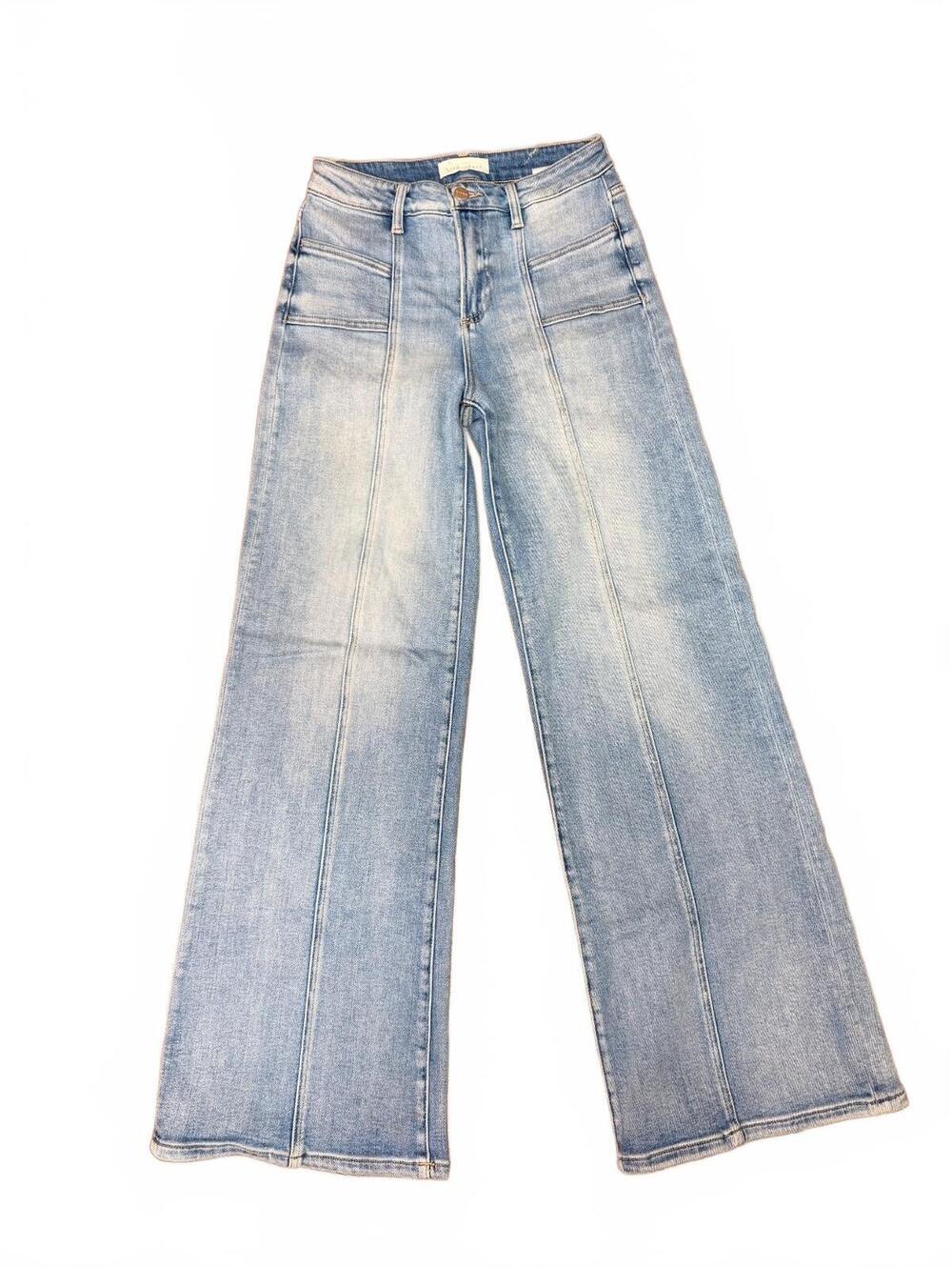 Risen jeans size 5 27 light wash high rise wide leg front seam patch pocket